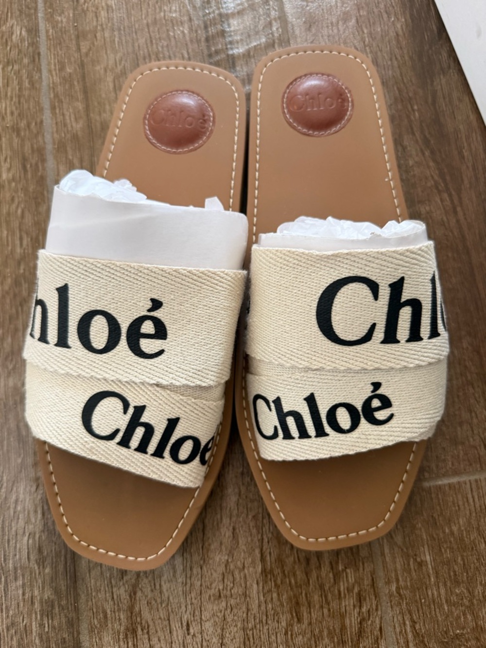 Chloé Cream Canvas Logo Slide Sandals with Tan Footbed - Picture 2 of 6